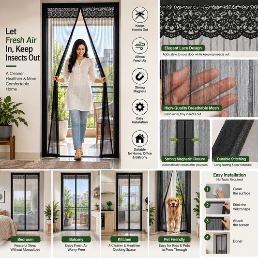 Heavy Quality Magnetic Door Mosquito Net | Full Coverage Mesh | Insect Protection Curtain (Black-210*100cms, Frame Hung)