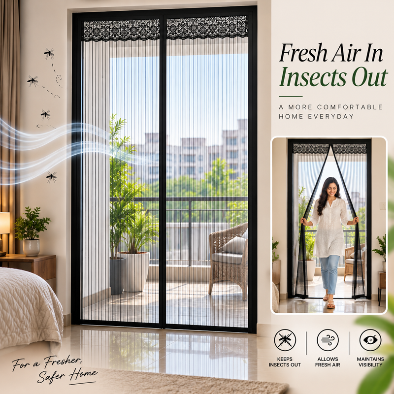 Heavy Quality Magnetic Door Mosquito Net | Full Coverage Mesh | Insect Protection Curtain (Black-210*100cms, Frame Hung)