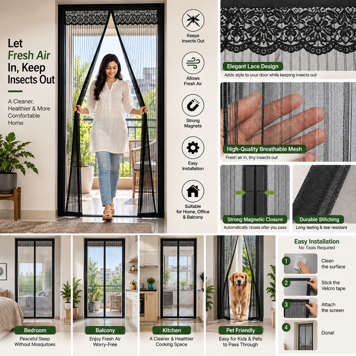 Heavy Quality Magnetic Door Mosquito Net | Full Coverage Mesh | Insect Protection Curtain (Black-210*100cms, Frame Hung)