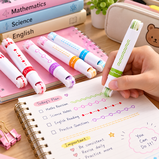 6-Piece Dual Tip Curve Highlighter Pen Set | 6 Unique Pattern Rollers