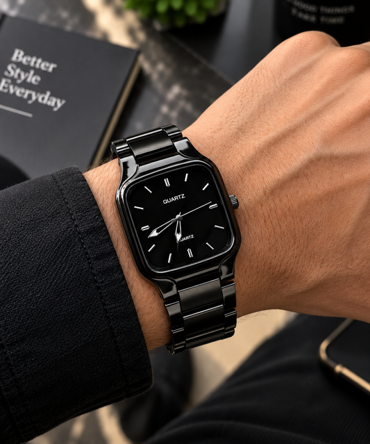 Stylish Black Analog Watch for Men & Boys | Premium Square Dial Metal Strap Wrist Watch