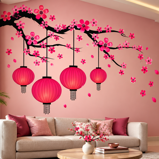 Divine Tree of Life Wall Sticker with Lamp & Floral Design β 82 Γ 70 cm