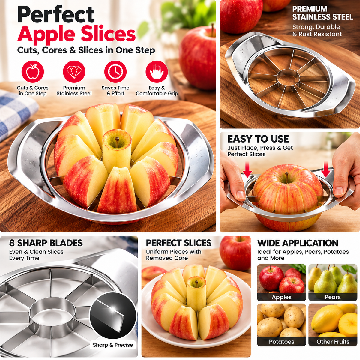 Stainless Steel 8-Blade Fruit Cutter | Easy Apple Slicing Tool