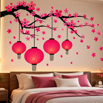 Divine Tree of Life Wall Sticker with Lamp & Floral Design – 82 × 70 cm