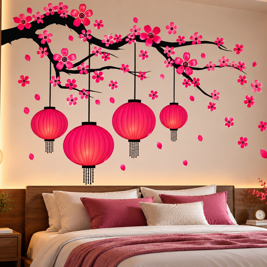 Divine Tree of Life Wall Sticker with Lamp & Floral Design – 82 × 70 cm