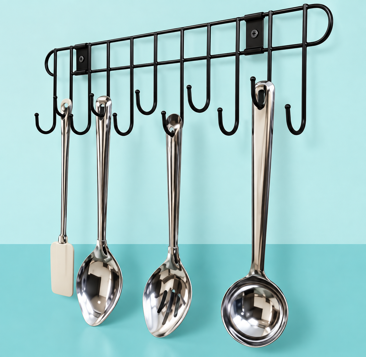 🖤 Modern Black 11-Hook Kitchen Organizer – Sleek Wall-Mount Utensil & Tool Hanger