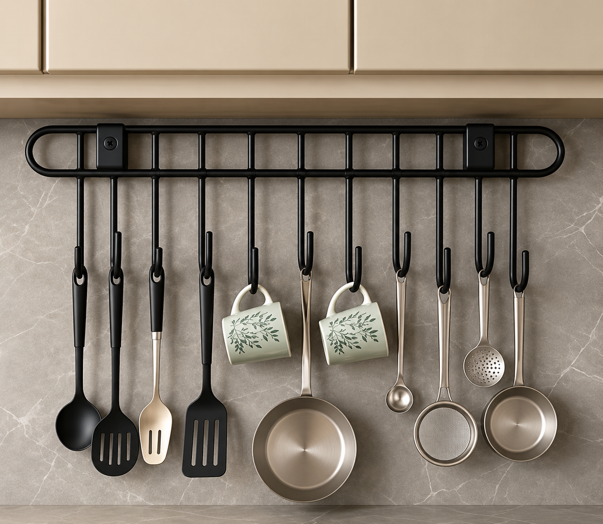 🖤 Modern Black 11-Hook Kitchen Organizer – Sleek Wall-Mount Utensil & Tool Hanger
