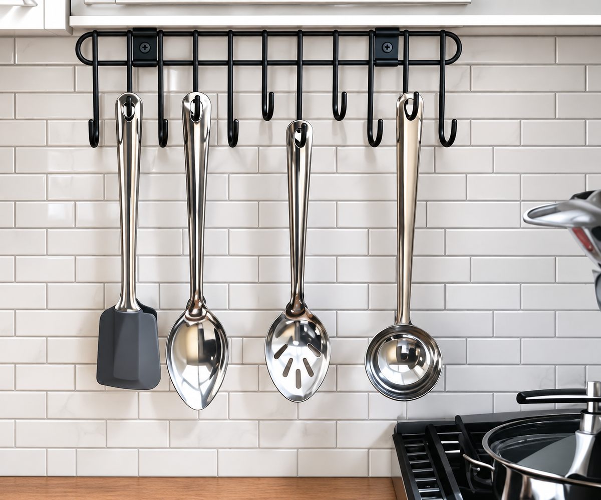 🖤 Modern Black 11-Hook Kitchen Organizer – Sleek Wall-Mount Utensil & Tool Hanger