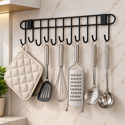 🖤 Modern Black 11-Hook Kitchen Organizer – Sleek Wall-Mount Utensil & Tool Hanger
