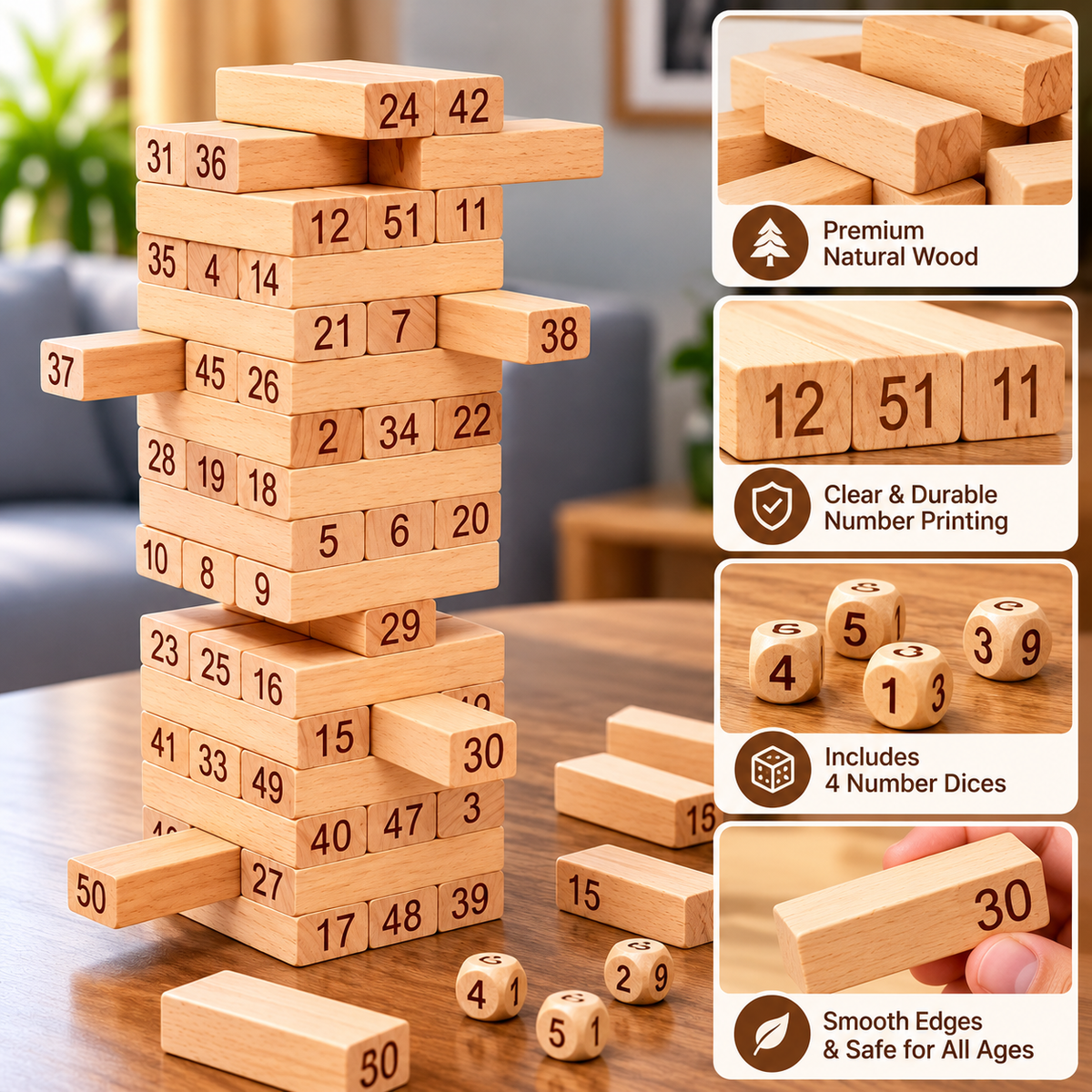 Premium Wooden Building Blocks – 54 Pcs | Tumbling Tower Stacking Game for Kids & Adults
