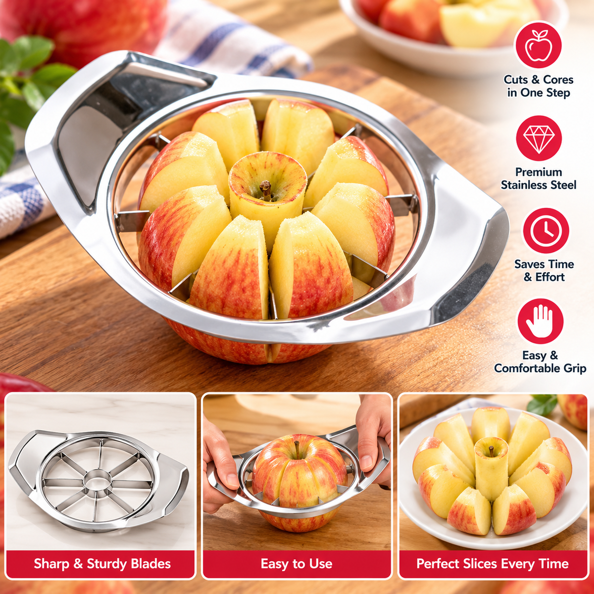 Stainless Steel 8-Blade Fruit Cutter | Easy Apple Slicing Tool